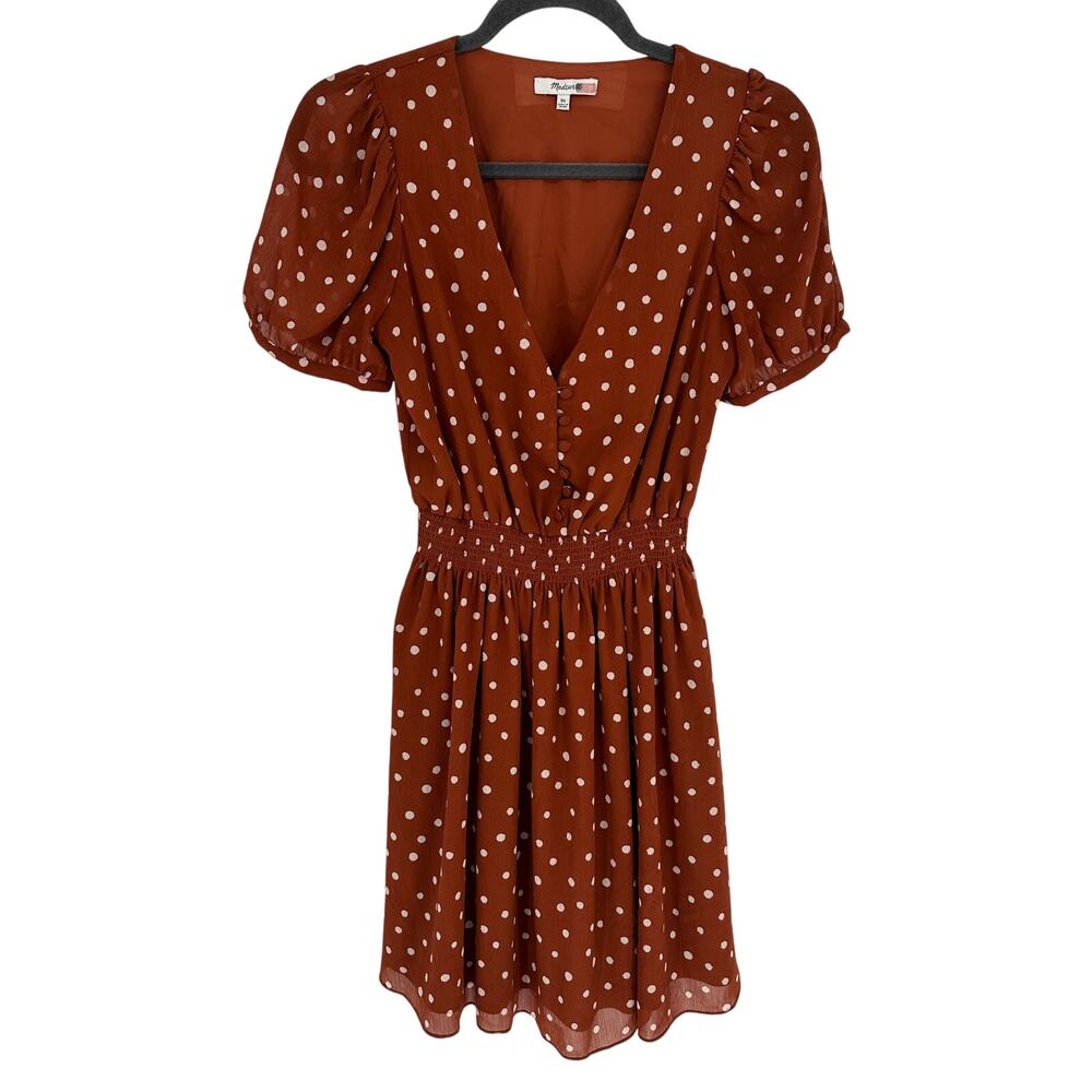 Madewellβ Womens XS Smocked-Waist Mini Dress Brown White Polka Dot Puff Sleeve